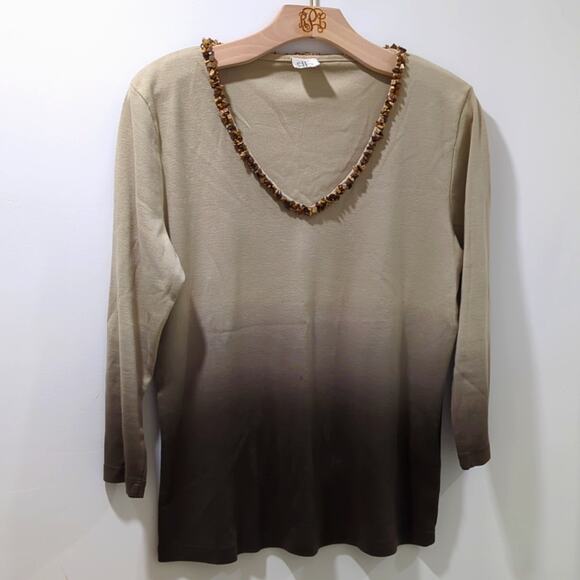 DB Life Dana Buchman Ombre Stone V-Neck 3/4 Sleeve Sweater Top Brown Wmns Sz M - Picture 1 of 8